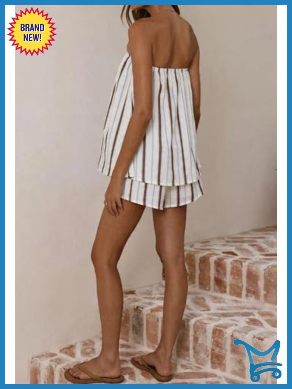 Striped 2 Piece Matching Tube Top & Shorts Set Summer Outfits Ribbed Knit Y2K - Picture 4 of 5